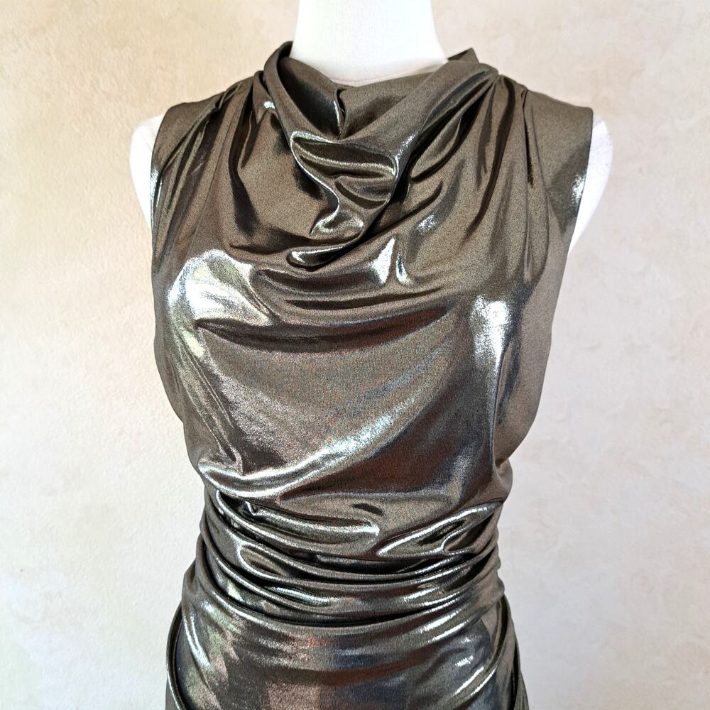 Vince Camuto Liquid Metallic Cowl Neck Midi Dress Size 12 Ruched Pewter Cocktail - Picture 4 of 13